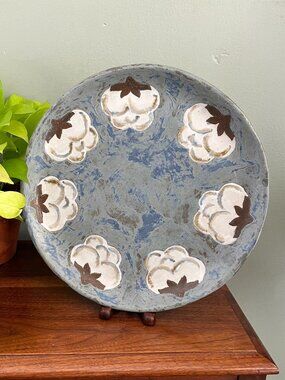 Vintage Studio Pottery Cotton Platter Signed 1991 Handmade Ceramic Farmhouse Dec